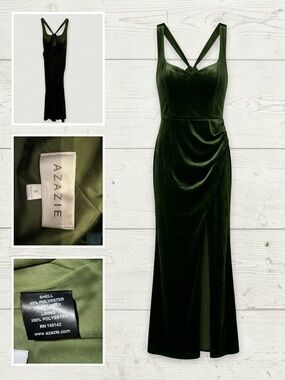 Azazie Olive Green Velvet Slit Evening Gown - Mero